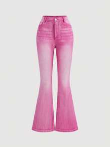 SHEIN Teen Girl Casual Daily Washed Slanted Pocket Flared Jeans - Pink - View 1