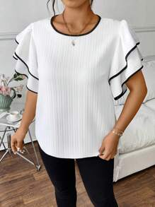 Elenzga Plus Size Black & White Contrasting Ruffle Trim Short Sleeve Blouse - White - View 6