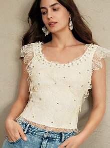 Anewsta ملابس علوية أو تي شيرت نسائي مطرز براق وعصري للربيع والصيف - أبيض - مشاهدة 4