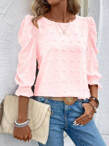 EMERY ROSE 女士圆领泡泡袖休闲宽松衬衫 - 粉色 - 查看 3