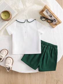 SHEIN 2pcs/Set Baby Boy Eid Mubarak Outfit - Mandarin Collar Short Sleeve Top And Shorts - Green - View 2