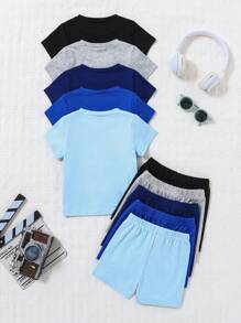 SHEIN Bộ 2 áo thun tay ngắn cổ tròn màu trơn thường ngày cho bé trai mới biết đi và quần short, gói 5 chiếc, đa năng để mặc hàng ngày, mùa hè - Nhiều màu - Xem 2