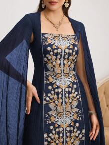 Al Najma Women's Floral Print Patchwork Ruffled Elegant Arabic Style Dress - Navy Blue - View 6