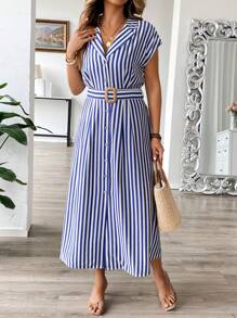 Flirla Plus Size Women's Spring/Summer Striped Casual/Work Collared Waist Belt A-Line Dress With Roll-Up Sleeves - Royal Blue - View 4
