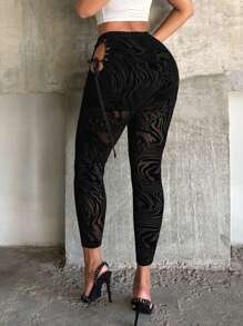 SHEIN SXY 女式斑马纹侧开衩系带网眼打底裤，女式打底裤，女式黑色裤子，网眼，性感，夜店装扮，性感女装，辣妹，街头装，夏季，Y2K，外出 - 黑色 - 查看 2