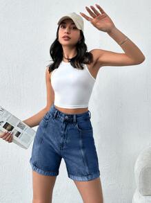 RueChic Slant Pocket Fold Up Front Opening Denim Shorts - Medium Wash - View 1