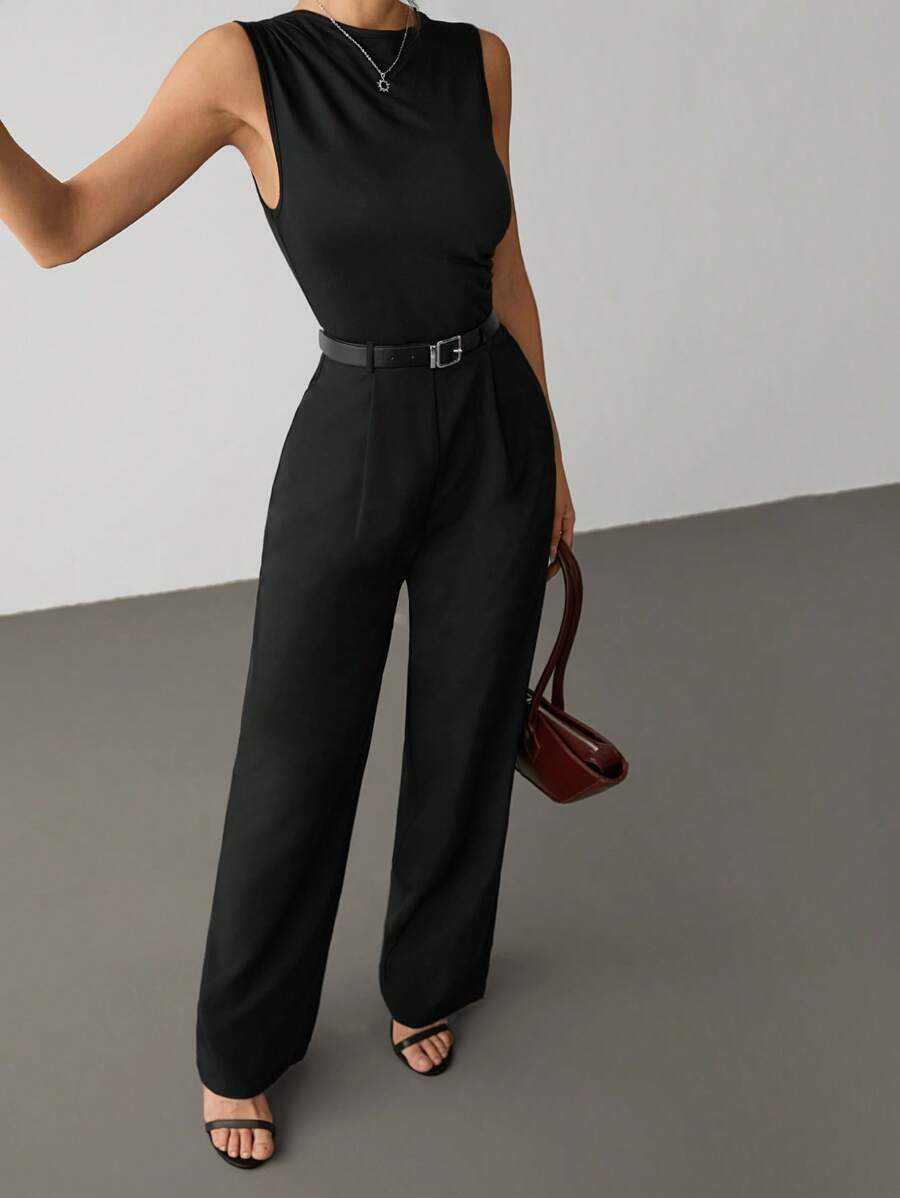 SHEIN PETITE Women Casual Solid Sleeveless Jumpsuit - Black - View 1
