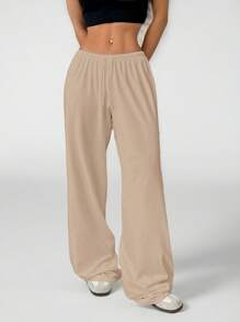 SHEIN PETITE Pantalones de casa tejidos suaves y blancos, pantalones holgados - Caqui - Ver 3