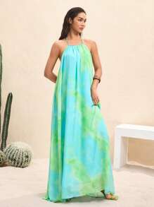 BY FELIZIA 蓝绿色夏季雪纺印花串珠露背性感长裙海边度假派对连衣裙 - 彩色 - 查看 3