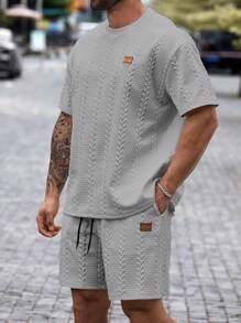 Manfinity Homme Men Plus Size Summer Casual Solid Textured T-Shirt And Shorts Set, Cozy Outfits