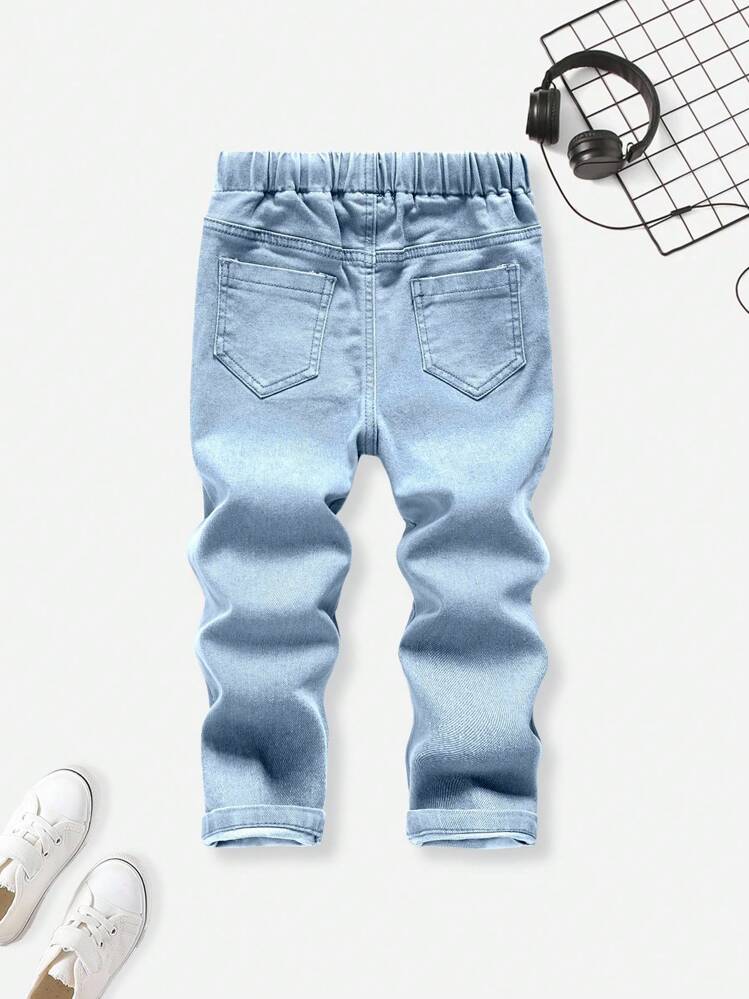 SHEIN Mirajuku Casual Elastisk midja Justerbar Dragsko All-Match Vanlig passform Stretchig Skinny Slim Fit Gråa jeans för ung pojke - Ljustvätt - Visa 2
