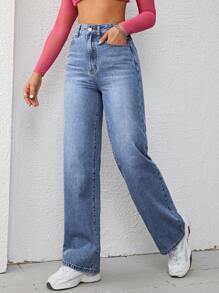 SHEIN Tall 休闲日常猫须洗水阔腿牛仔裤 - 中等水洗藍 - 查看 3