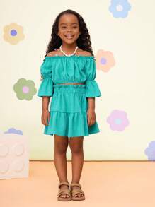 Conjunto de 2 piezas para niña joven con top de hombros descubiertos de manga abullonada y falda mini en color sólido