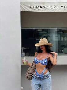 Bonvoyette 2 chiếc đồ bơi bikini in màu xanh nâng ngực, dây đeo có thể điều chỉnh, đồ bơi đi biển cho nữ - Xanh và trắng - Xem 1