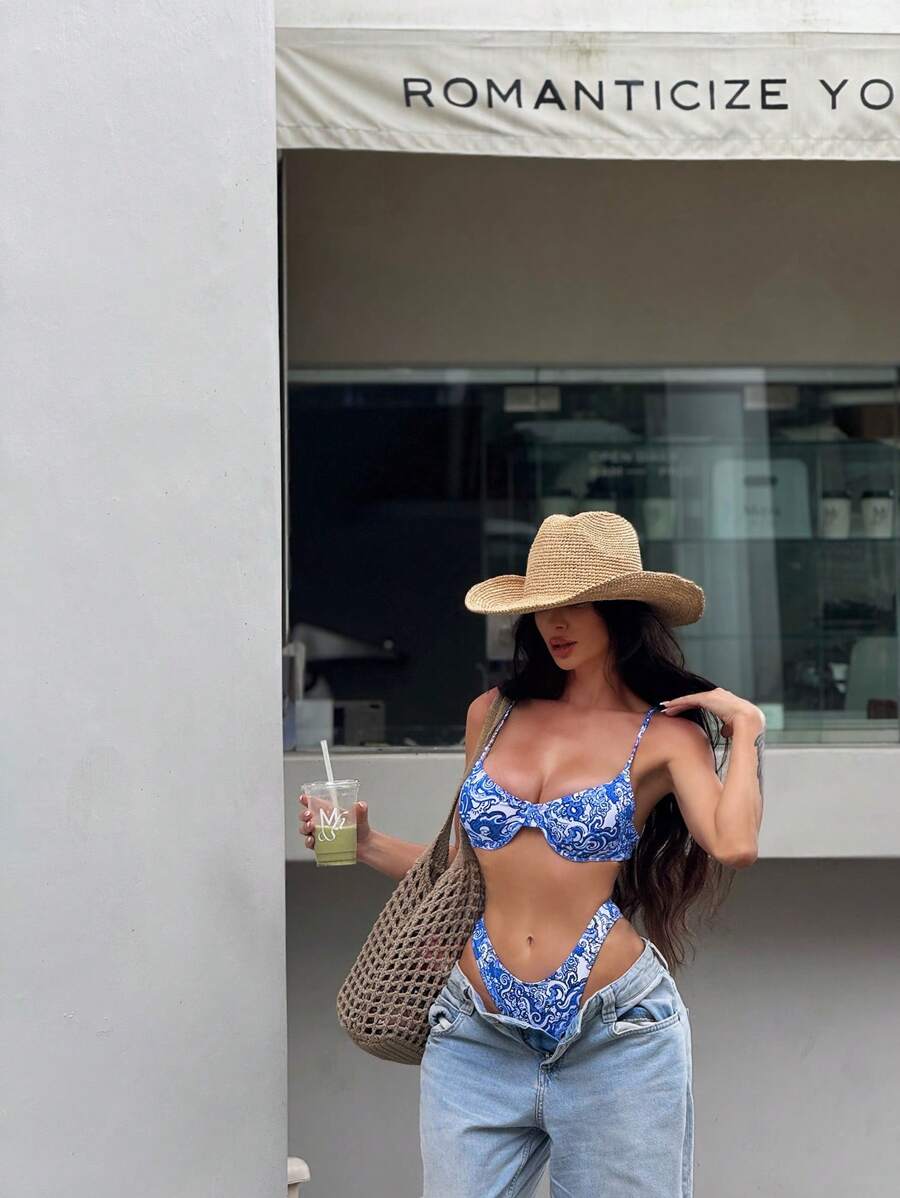 Bonvoyette 2 chiếc đồ bơi bikini in màu xanh nâng ngực, dây đeo có thể điều chỉnh, đồ bơi đi biển cho nữ - Xanh và trắng - Xem 1