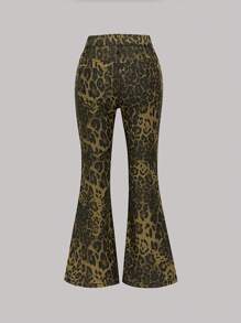 青少年女孩时尚豹纹水洗牛仔宽松喇叭牛仔裤，松紧腰带和拉链开合，时尚舒适 - 黑色 - 查看 2