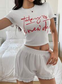 DAZY Letter Print Crop Top And Ruffled Lantern Hem Shorts 2pcs Pajama Set For Women - White - View 8