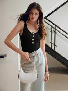 MOTF PREMIUM RHINESTONE BUTTON TANK TOP - Black - View 7