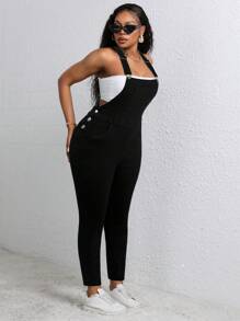 SHEIN CURVE+ 大码女式秋季牛仔背带裤，紧身黑色牛仔连体裤 - 黑色 - 查看 1