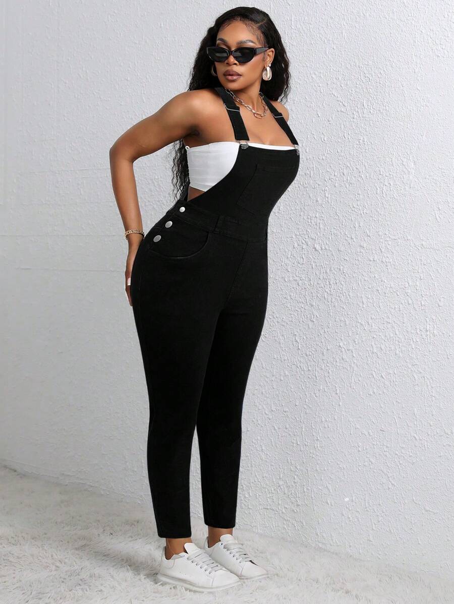 SHEIN CURVE+ 大码女式秋季牛仔背带裤，紧身黑色牛仔连体裤 - 黑色 - 查看 1