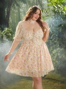 Lyrianda Plus Size Nowa Elegancka Ditsy Floral Puff Sleeve Wiosenna Sukienka, Słodki Styl Księżniczki Wakacje Francuski Design Spontaniczna Dopamina Ściśnięta Talia Rozkloszowana Midi Sukienka Na Lato - Wielokolorowe - Zobacz 4