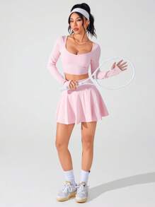 Easithlete 2pcs/Set Slim Fit Split Striped Long Sleeve Top And High-Low Ruffle Hem Skirt Set - Pink - View 4