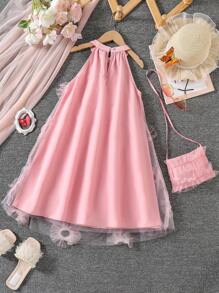 SHEIN Tween Girls' Summer Mesh Splicing Halter Dress - Pink - View 2