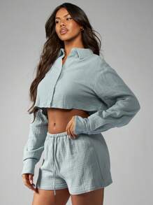 MISSGUIDED 粗棉布沙滩短裤休闲夏季阔腿松紧腰抽绳短裤度假装轻盈宽松版型 - 霧霾藍 - 查看 6