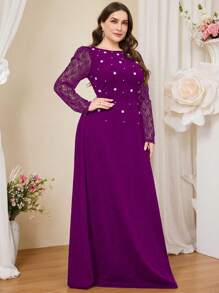 Coutiva 加大码优雅针织连衣裙，撞色蕾丝和泡泡袖，正式、派对礼服、晚礼服、婚礼宾客礼服