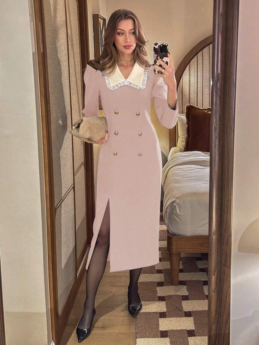 Pariaura 女士优雅修身连衣裙，黑色开衩，长袖，花卉蕾丝花边，金色装饰纽扣，弹性舒适面料，春/秋 - 藕粉色 - 查看 1