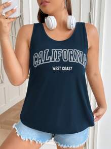 SHEIN EZwear Women's Plus Size California Graphic Print Casual Scoop Neck Rib-Knit Semi-Sheer Regular Length Tank Top