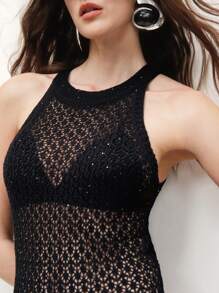 SHEIN LUNE Women's Hollow-Out Mod Urban Stylish Black Sleeveless Knit Mini Dress, Spring/Summer - Black - View 5