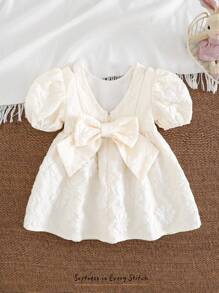 Cozy Pixies Baby Girl 3D Bow Decor Round Neck Puffed Sleeve Cinched Waist A-Line Dress