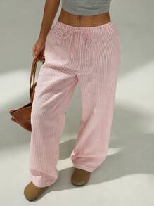 SHEIN PETITE Petite Ladies Pink And White Casual Home Striped Trousers Suitable For Spring And Summer Baggy - Pink - View 7