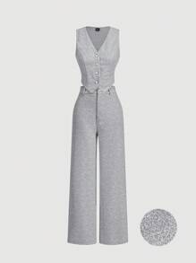 SHEIN PETITE 粉色西装背心上衣、直筒长裤、女士优雅西装套装 - 灰色 - 查看 7