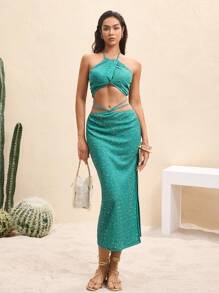 BY FELIZIA 绿松石色闪光镂空收腰性感长裙 - 綠色 - 查看 6