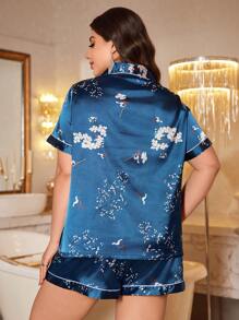 SHEIN 大码仿丝优雅梅花印花短袖上衣和短裤套装 - 水鴨藍 - 查看 2