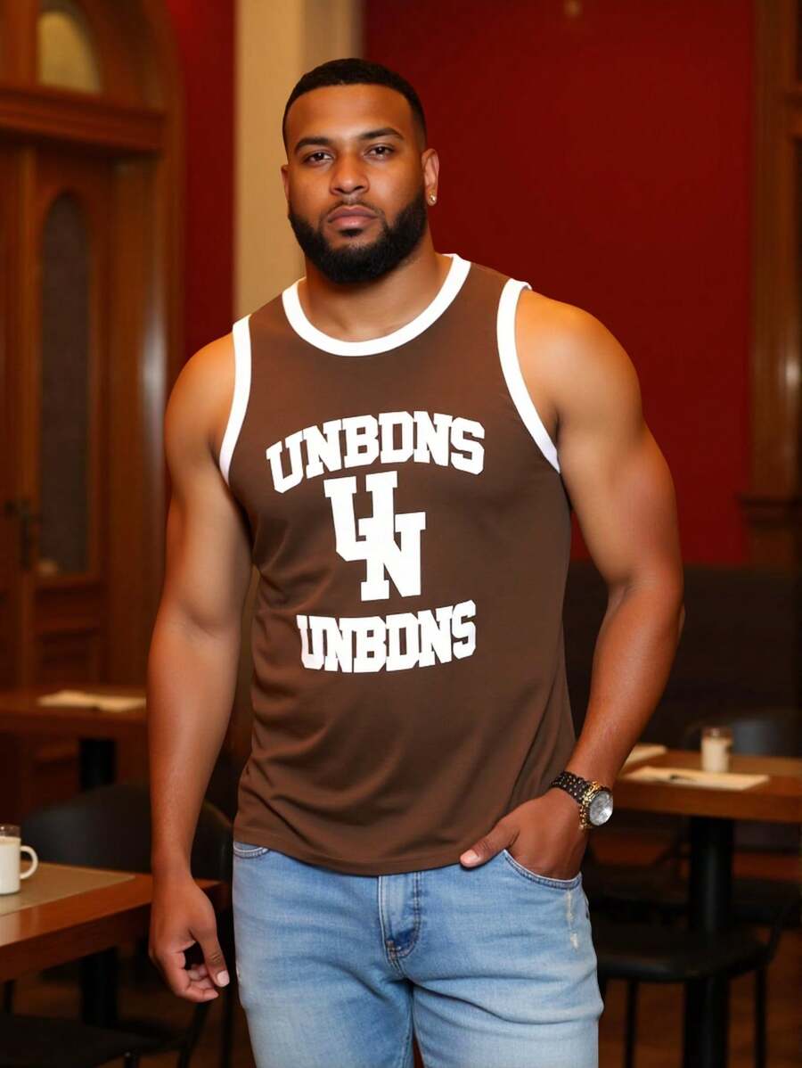 Áo ba lỗ thể thao viền in chữ mùa hè cho nam - Cà phê nâu - Xem 1