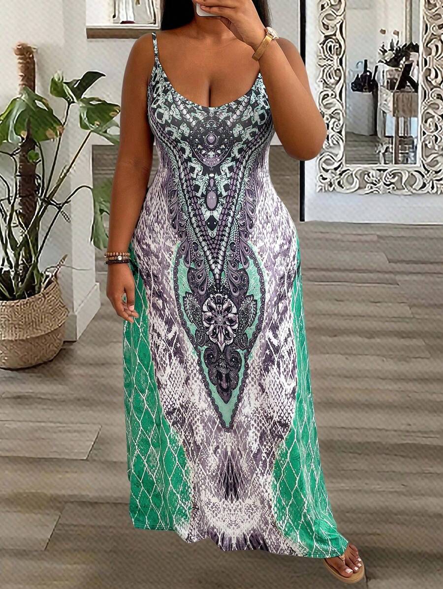 SHEIN Clasi Đầm Maxi In Kỹ Thuật Số Cỡ Lớn Cho Nữ - màu xanh lá - Xem 1