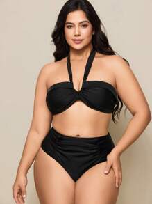 SHEIN Swim Plus Size Solid Color Simple Beach Swimsuit Set For Summer Beach Vacation - Black - View 5
