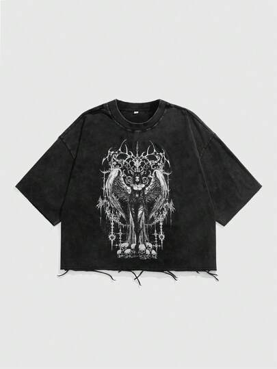 Goth Camiseta lavada con estampado gótico para hombres, de estilo suelto y corto