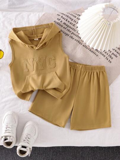 SHEIN 2pcs/Set Young Boy Coffee Hooded Sleeveless Tank Top And Shorts Casual Sporty Outfit, Spring/Summer