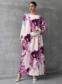 Al Najma 女士土耳其长袍和阿拉伯花卉印花长裙、卡夫坦和贾拉比亚 - 粉色 - 查看 5