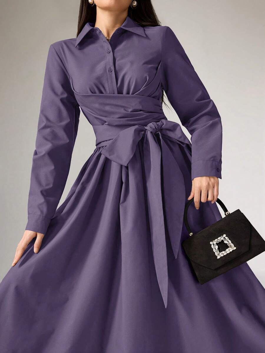 Women's Solid Front Button Long Sleeve Simple Casual Long Arabic Style Dress, Modest - Purple - View 1