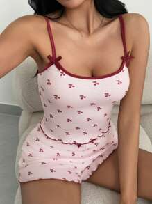 DAZY Women Cute Cherry Print Contrast Trim Fitted Cami And Shorts Pajama Set