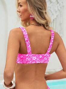 SHEIN Swim Springbreak Tropical Floral Ruched Wide Strap Bandeau Sexy Women Holiday Bikini Swimwear Top For Summer Beach Vacation - Pink - View 2