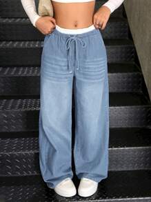 SHEIN 青少年女孩 Y2K 秋季蓝白休闲条纹宽松阔腿牛仔裤，撞色腰带，二合一设计 - 淺色水洗藍 - 查看 6