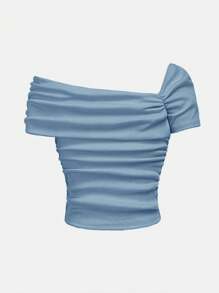 SHEIN Girlism Ribbed Knit One Shoulder Ruched Fitted Casual Solid T-Shirt For Teen Girl - Dusty Blue - View 2