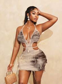 BamGleam Váy bó hở lưng và vai không đối xứng tua rua màu loang mới cho nữ mùa xuân/hè 2025 - Nhiều màu - Xem 1