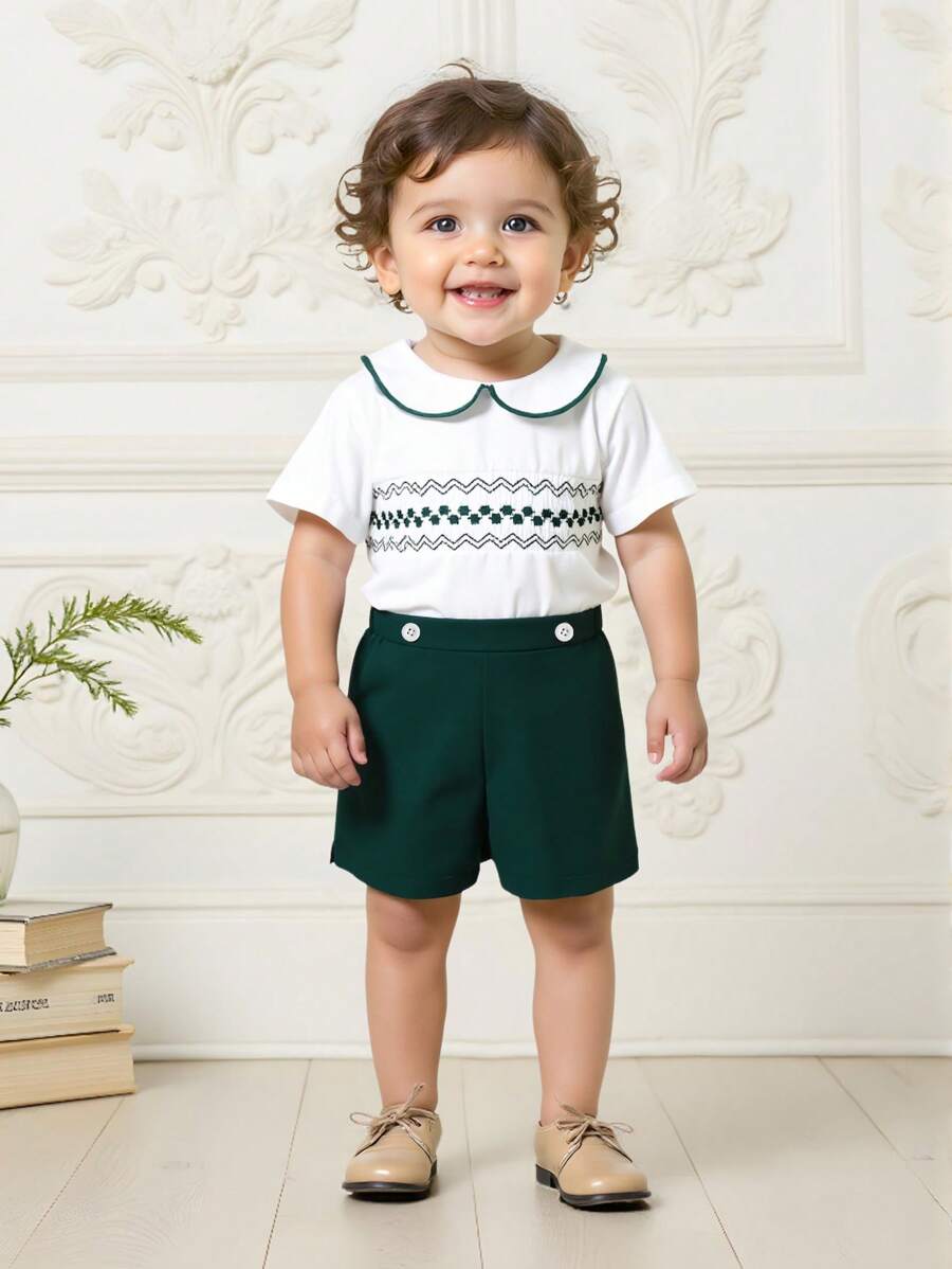 SHEIN 2pcs/Set Baby Boy Eid Mubarak Outfit - Mandarin Collar Short Sleeve Top And Shorts - Green - View 1